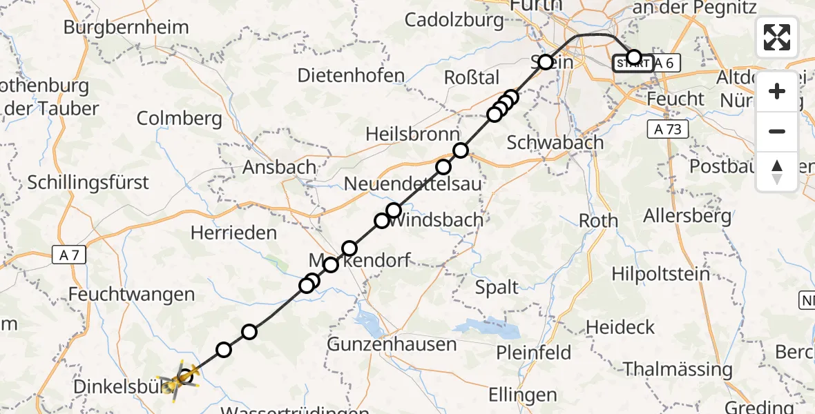 Flugroute Rettungshubschrauber Nürnberg South Hospital - Dinkelsbühl, 28 September 2026, 10:34