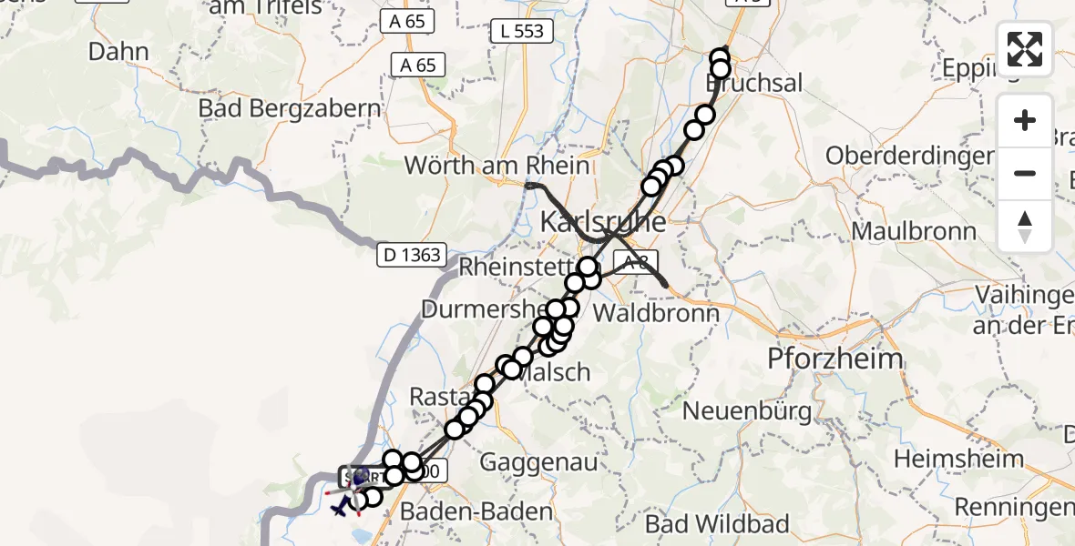 Flugroute Polizeihubschrauber Hügelsheim - Karlsruhe Baden-Baden Flughafen, 28 September 2026, 10:44