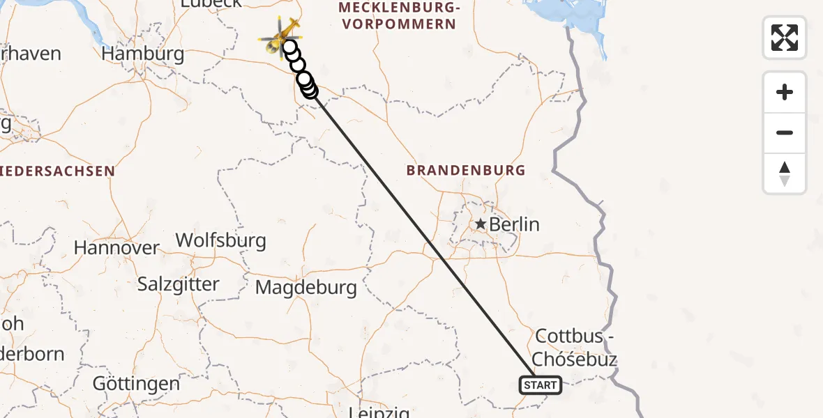 Flugroute Ambulanzhubschrauber ADAC Luftrettungsstation Senftenberg Hubschrauberlandeplatz - Schwerin, 28 September 2026, 10:45