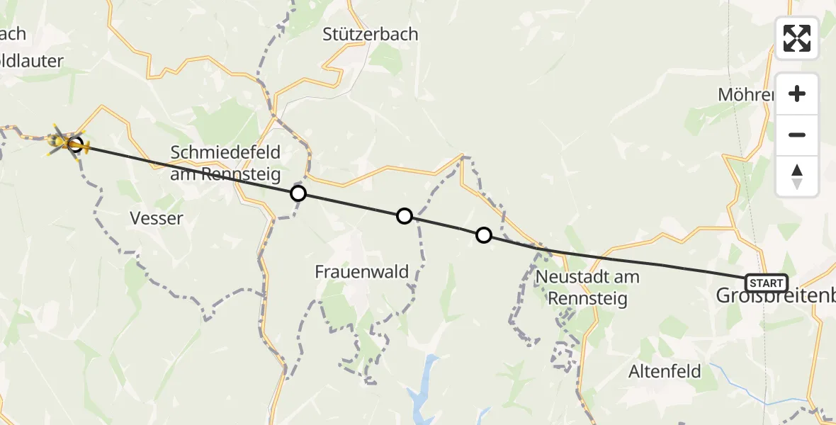 Flugroute Rettungshubschrauber Großbreitenbach - Schleusingen, 28 September 2026, 10:51