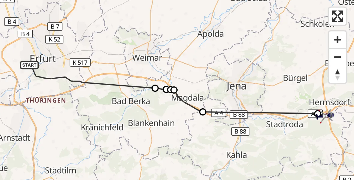 Flugroute Polizeihubschrauber Erfurt - Schleifreisen, 28 September 2026, 10:55