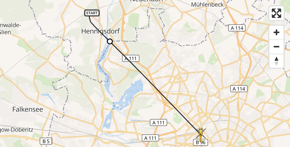 Flugroute Rettungshubschrauber Hennigsdorf - Berlin, 28 September 2026, 10:55