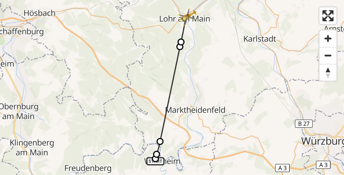 Flugroute Rettungshubschrauber Red Cross Hospital Wertheim - Lohr a.Main, 28 September 2026, 10:57