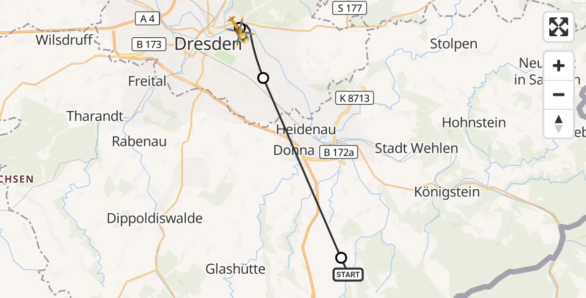 Flugroute Rettungshubschrauber Bad Gottleuba-Berggießhübel - Dresden Elbwiesen Hubschrauberlandeplatz, 28 September 2026, 10:58