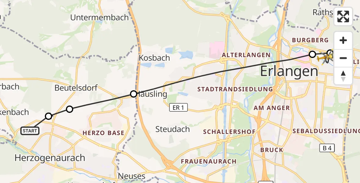 Flugroute Ambulanzhubschrauber Herzogenaurach - Erlangen University Hospital Ebrardstraße, 28 September 2026, 11:09