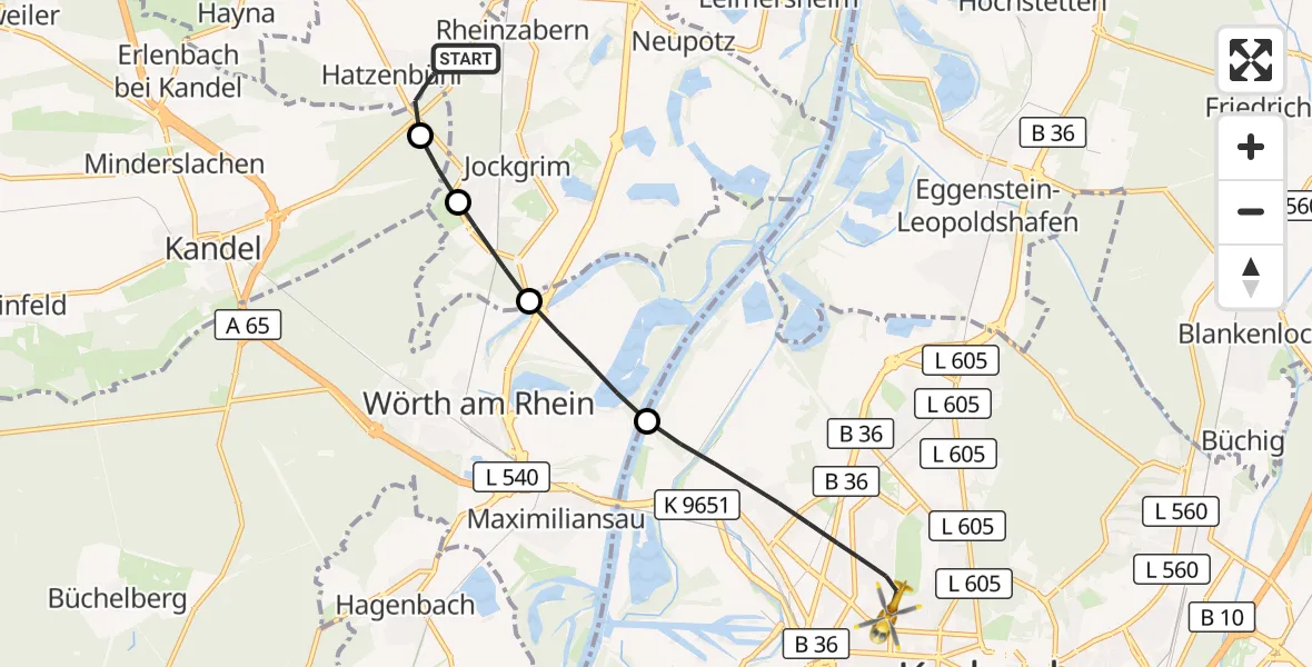 Flugroute Ambulanzhubschrauber Hatzenbühl - Karlsruhe, 28 September 2026, 11:09