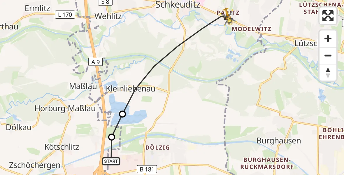 Flugroute Rettungshubschrauber ADAC Air Rescue Station Leipzig/Schkeuditz-Dölzig Hubschrauberlandeplatz (Christoph 61) - Schkeuditz, 28 September 2026, 11:12