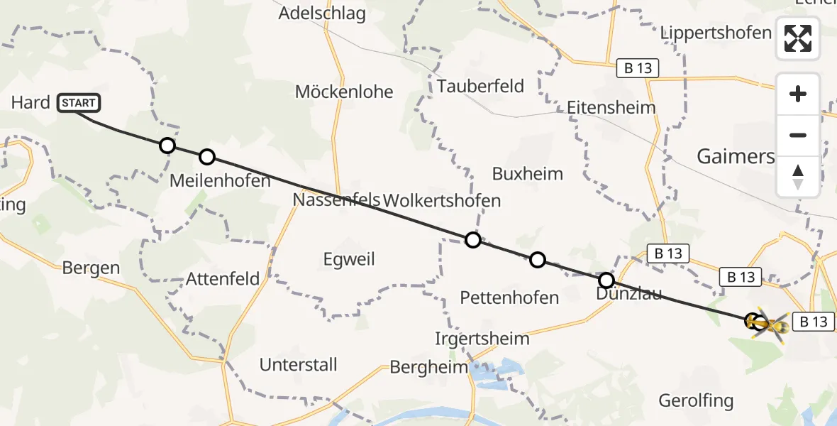 Flugroute Rettungshubschrauber Wellheim - Ingolstadt Hospital, 28 September 2026, 11:19