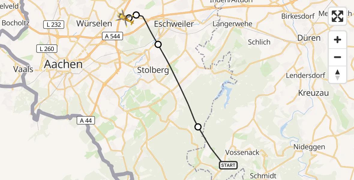 Flugroute Rettungshubschrauber Hürtgenwald - Aachen-Merzbrück Flughafen, 28 September 2026, 11:19