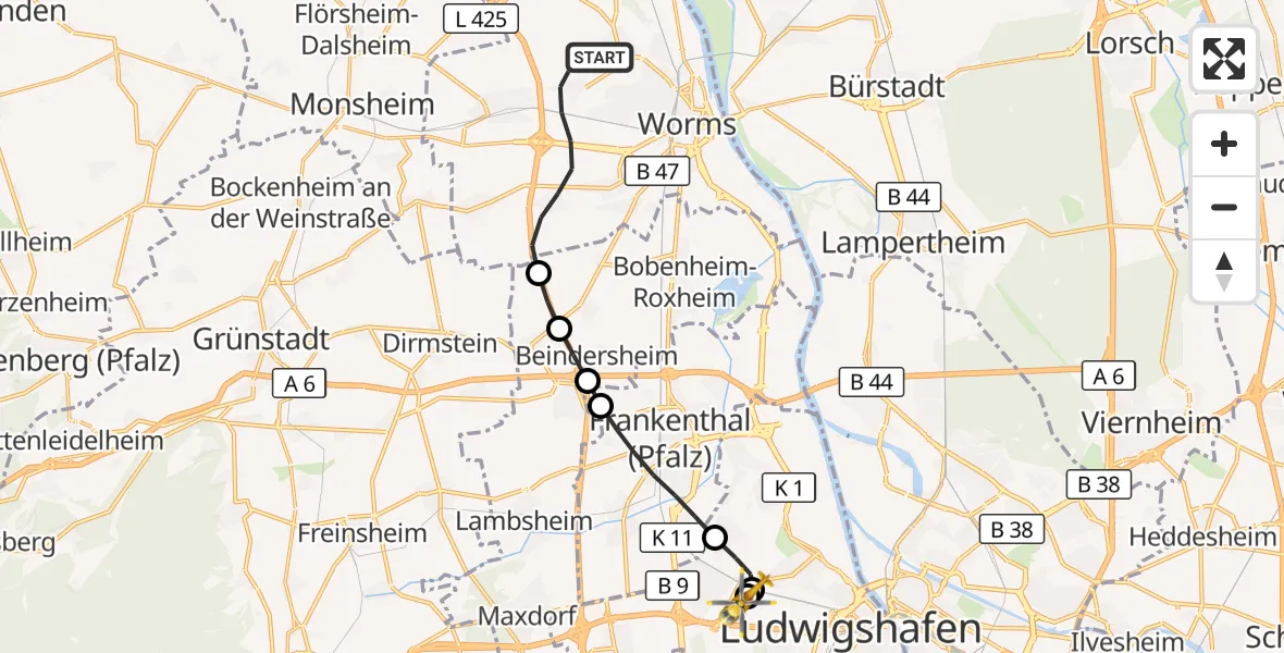 Flugroute Rettungshubschrauber Worms - Ludwigshafen Accident Hospital, 28 September 2026, 11:22