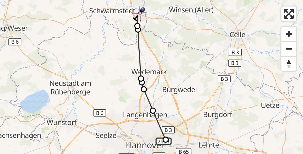 Flugroute Polizeihubschrauber Hannover Luftrettung Hubschrauberlandeplatz (Christoph 4) - Buchholz (Aller), 28 September 2026, 11:26