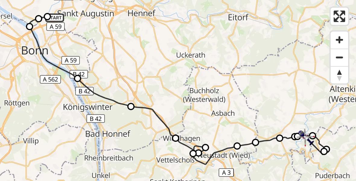 Flugroute Polizeihubschrauber Sankt Augustin - Seelbach (Westerwald), 28 September 2026, 11:27