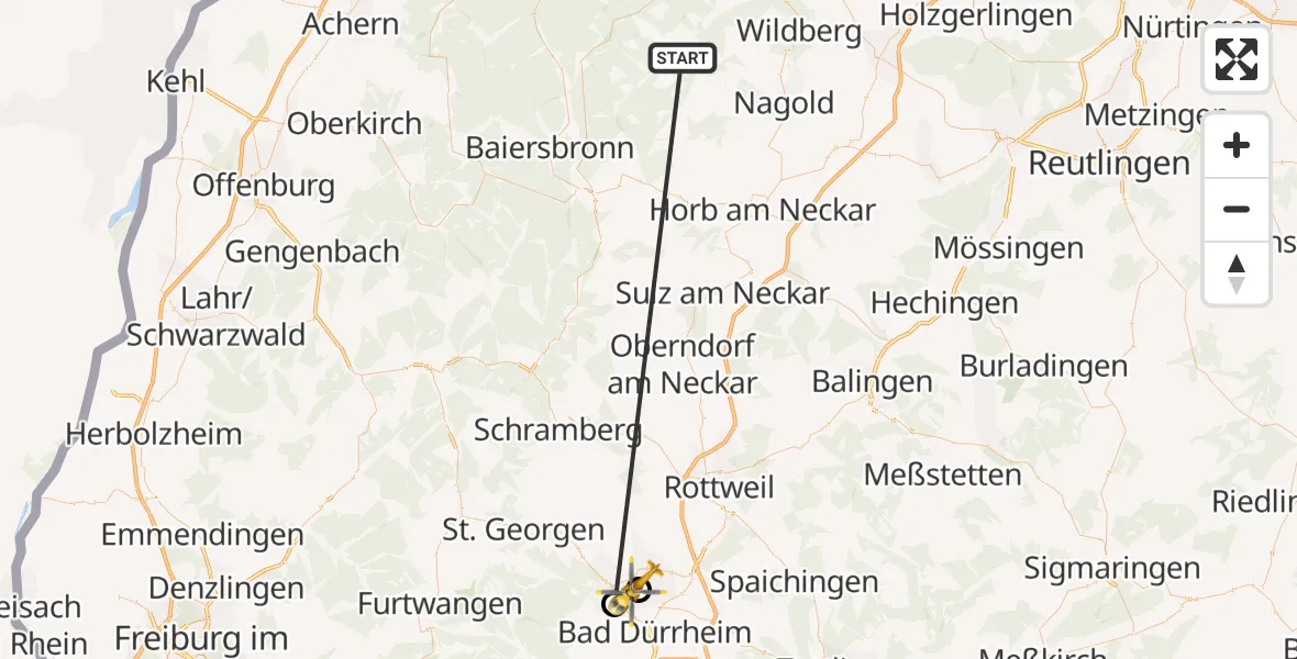 Flugroute Ambulanzhubschrauber Altensteig - DRF Air Rescue Station Villingen-Schwenningen Hubschrauberlandeplatz (Christoph 11), 28 September 2026, 11:34