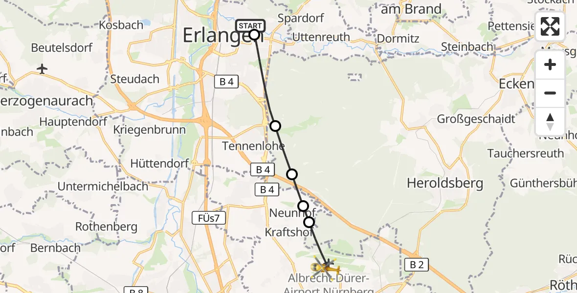 Flugroute Ambulanzhubschrauber Erlangen University Hospital Ebrardstraße - Flughafen Nuremberg, 28 September 2026, 11:35