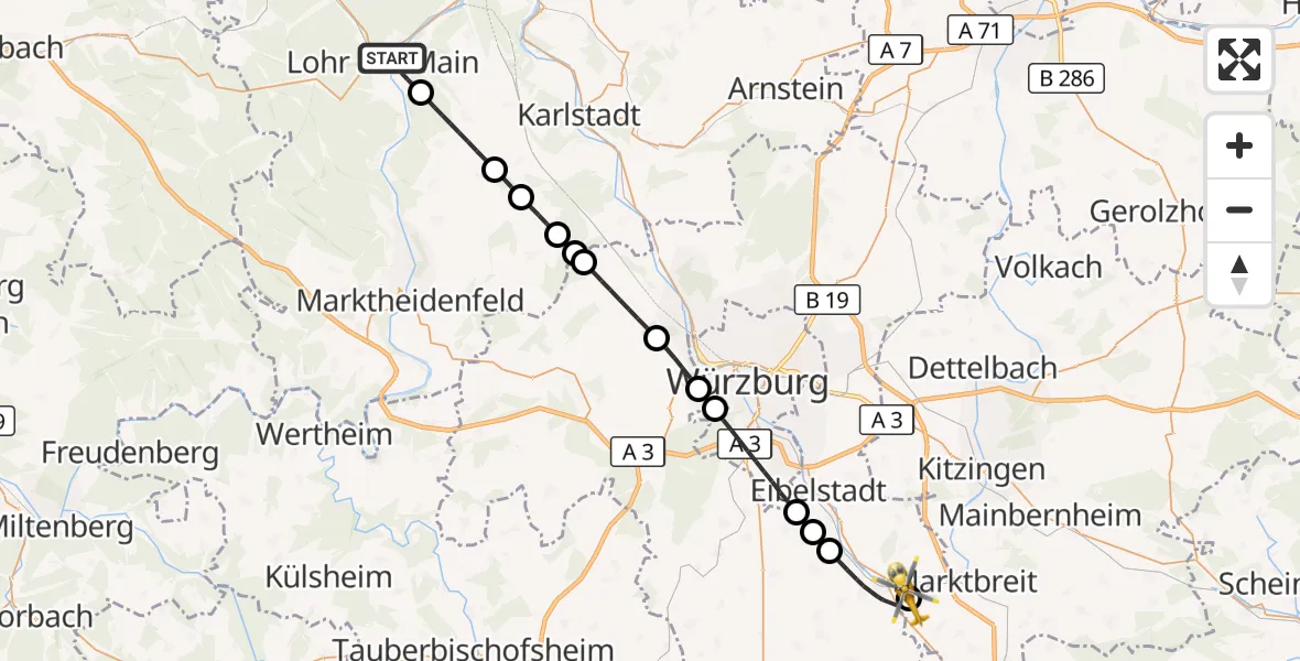 Flugroute Rettungshubschrauber Lohr a.Main - Ochsenfurt Hospital, 28 September 2026, 11:37