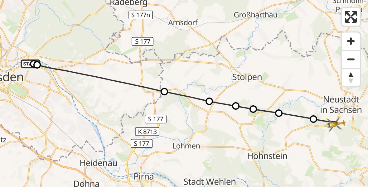 Flugroute Rettungshubschrauber Dresden University Hospital - Neustadt in Sachsen, 28 September 2026, 11:38
