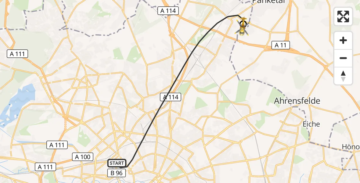 Flugroute Rettungshubschrauber Berlin - Helios Clinic Berlin-Buch, 28 September 2026, 11:45