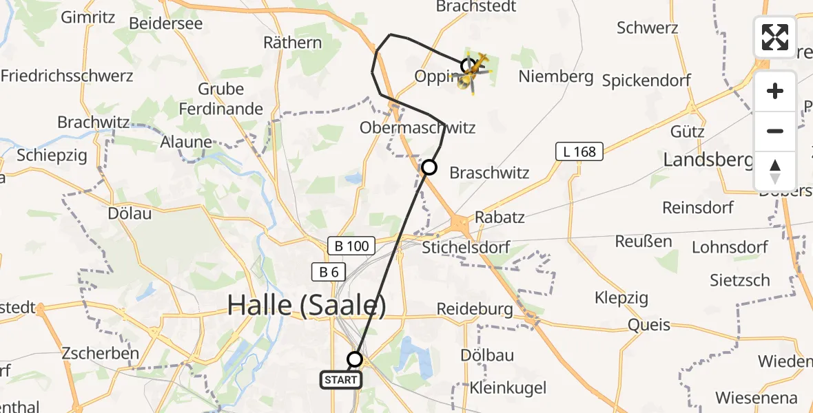 Flugroute Rettungshubschrauber BG Hospital Bergmannstrost Halle - Halle-Oppin Flugplatz, 28 September 2026, 11:47