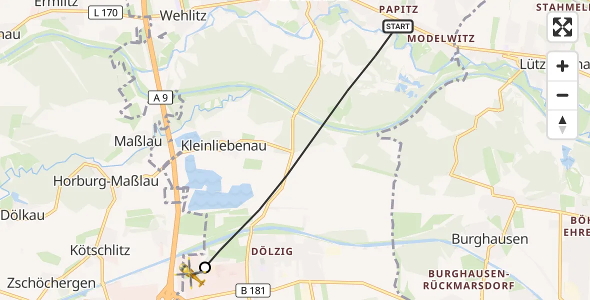 Flugroute Rettungshubschrauber Schkeuditz - ADAC Air Rescue Station Leipzig/Schkeuditz-Dölzig Hubschrauberlandeplatz (Christoph 61), 28 September 2026, 12:00