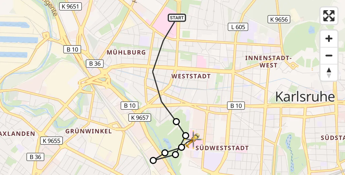 Flugroute Ambulanzhubschrauber Karlsruhe - Sankt Vincentius Hospital, 28 September 2026, 12:01