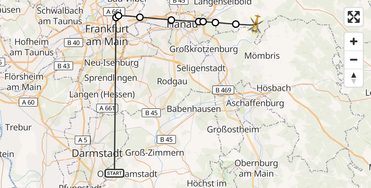 Flugroute Rettungshubschrauber Mühltal - Freigericht, 28 September 2026, 12:03