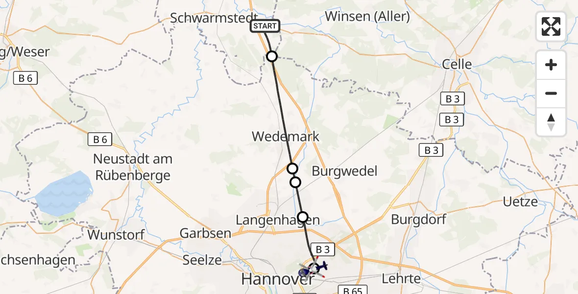 Flugroute Polizeihubschrauber Buchholz (Aller) - Hannover Luftrettung Hubschrauberlandeplatz (Christoph 4), 28 September 2026, 12:04