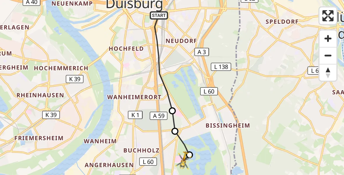 Flugroute Rettungshubschrauber Duisburg - Duisburg Air Rescue Hubschrauberlandeplatz (Christoph 9), 28 September 2026, 12:07