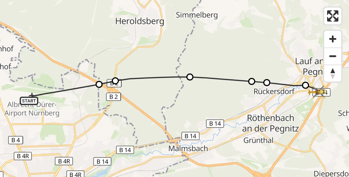 Flugroute Ambulanzhubschrauber Flughafen Nuremberg - Lauf a.d.Pegnitz, 28 September 2026, 12:13
