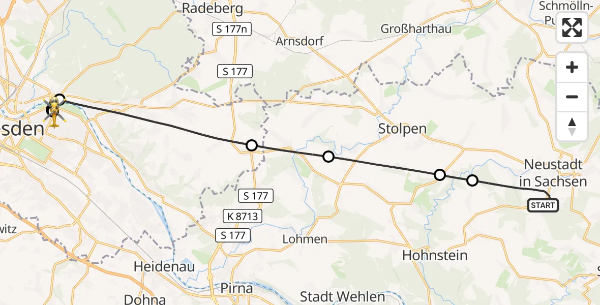 Flugroute Rettungshubschrauber Neustadt in Sachsen - Dresden University Hospital, 28 September 2026, 12:14