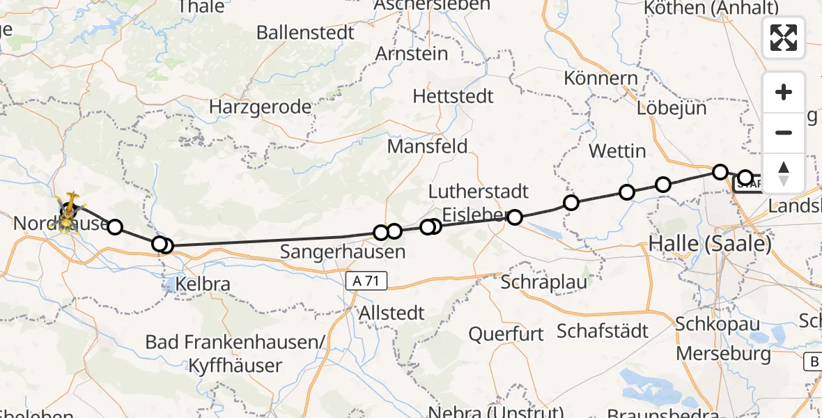Flugroute Rettungshubschrauber Halle-Oppin Flugplatz - Südharz Hospital Nordhausen, 28 September 2026, 12:27