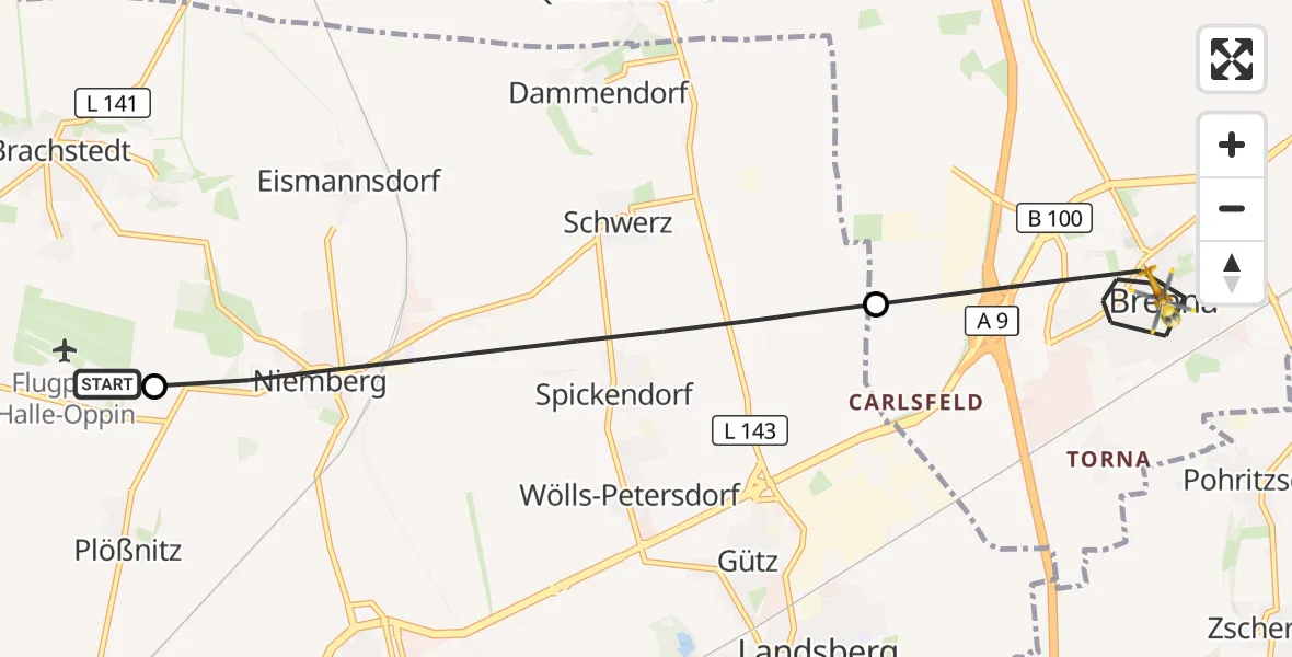 Flugroute Rettungshubschrauber Halle-Oppin Flugplatz - Sandersdorf-Brehna, 28 September 2026, 12:32