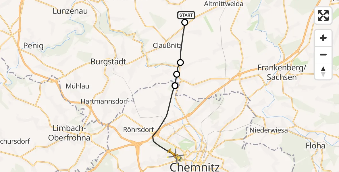 Flugroute Rettungshubschrauber Königshain-Wiederau - Chemnitz, 28 September 2026, 12:33