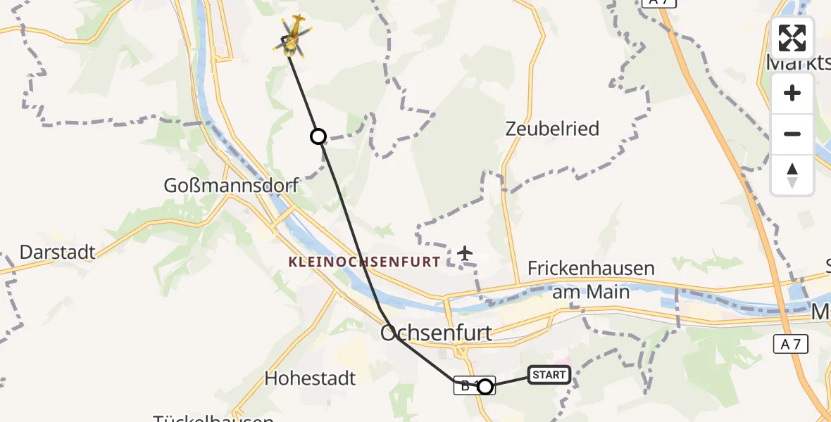 Flugroute Rettungshubschrauber Ochsenfurt Hospital - Sommerhausen, 28 September 2026, 12:39