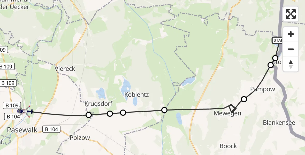 Flugroute Polizeihubschrauber Blankensee - Pasewalk, 28 September 2026, 12:42