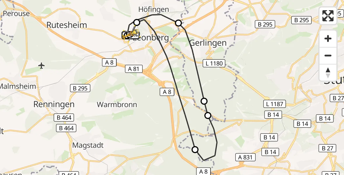 Flugroute Rettungshubschrauber Leonberg Hospital - Leonberg Hospital, 28 September 2026, 12:49
