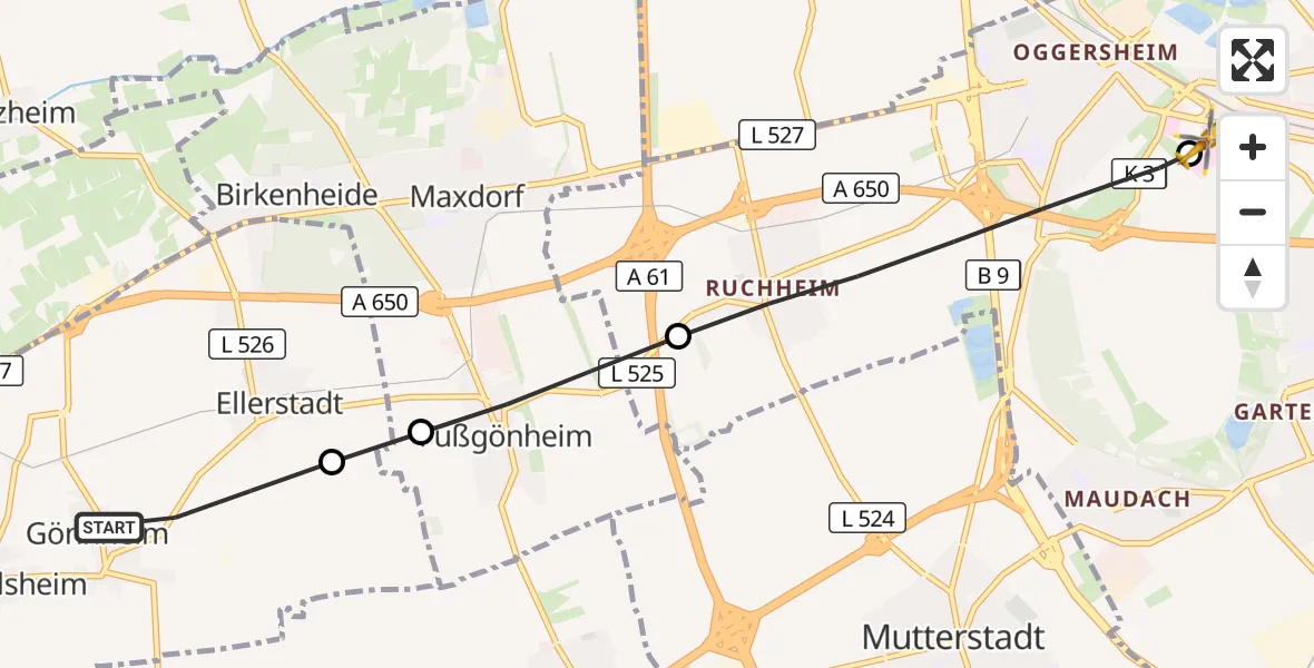 Flugroute Rettungshubschrauber Gönnheim - Ludwigshafen Accident Hospital, 28 September 2026, 12:51