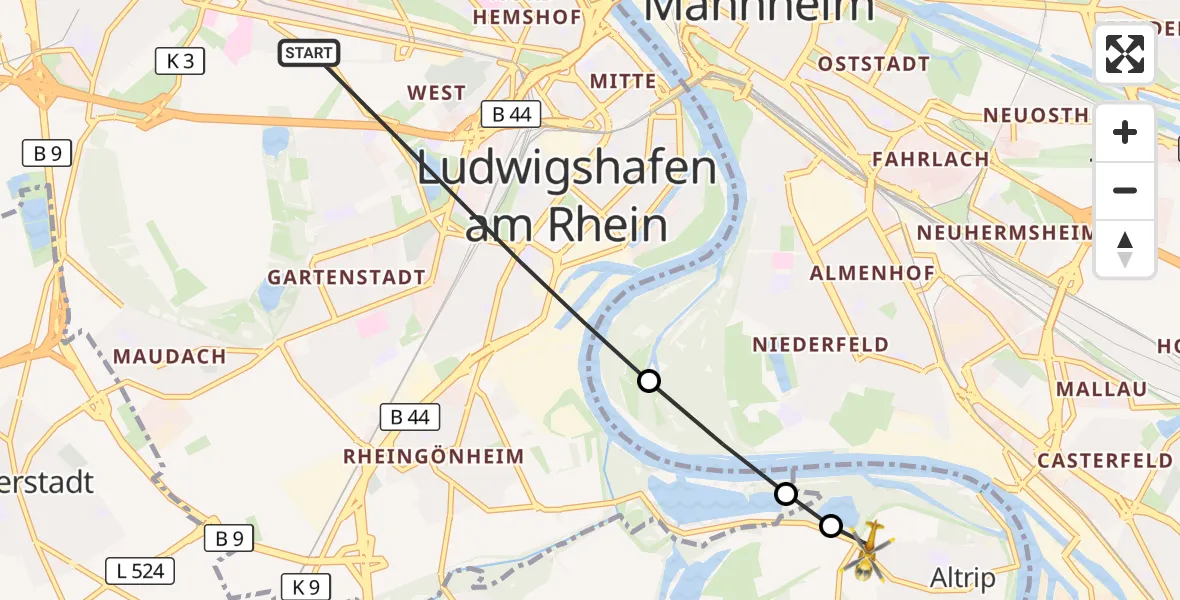 Flugroute Rettungshubschrauber Ludwigshafen am Rhein - Altrip, 28 September 2026, 12:59