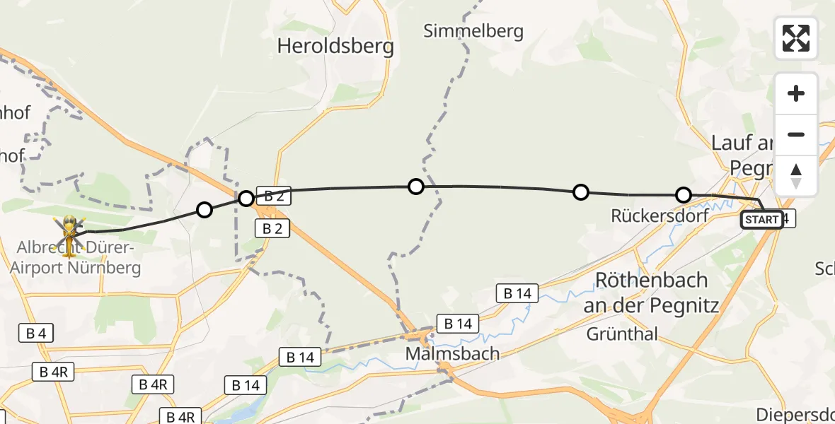 Flugroute Ambulanzhubschrauber Lauf a.d.Pegnitz - Flughafen Nuremberg, 28 September 2026, 13:03