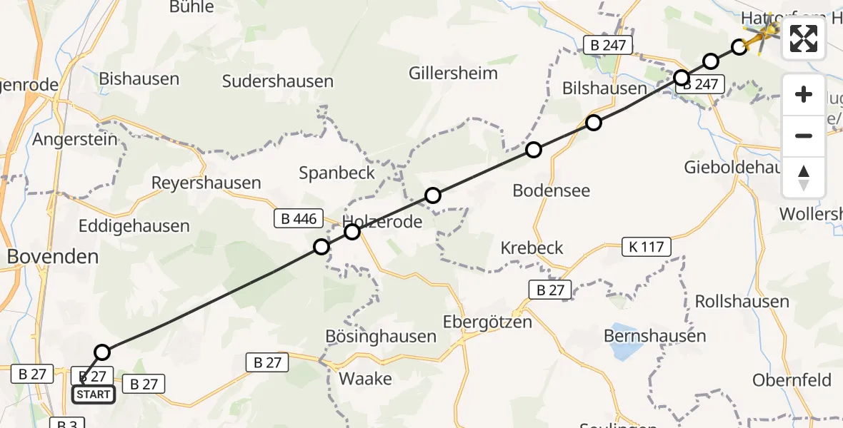 Flugroute Rettungshubschrauber Göttingen University Clinic Hubschrauberlandeplatz - Hattorf am Harz, 28 September 2026, 13:17