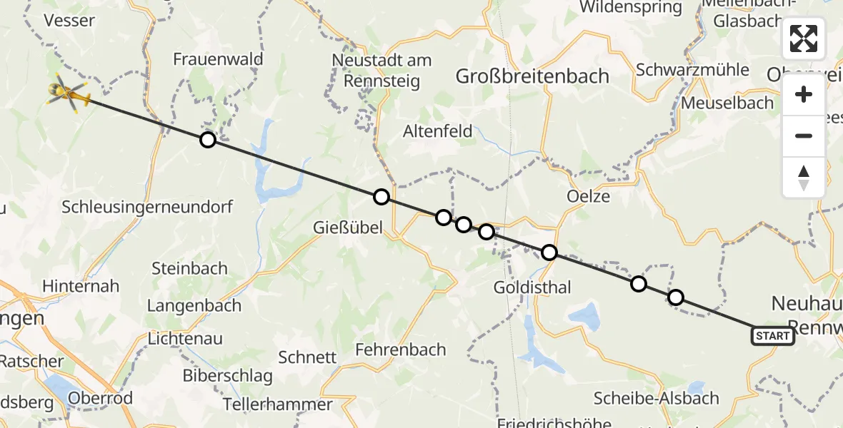 Flugroute Rettungshubschrauber Neuhaus am Rennweg - Schleusingen, 28 September 2026, 13:17