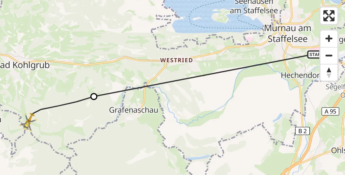 Flugroute Rettungshubschrauber Murnau Accident Hospital - Bad Kohlgrub, 28 September 2026, 13:23