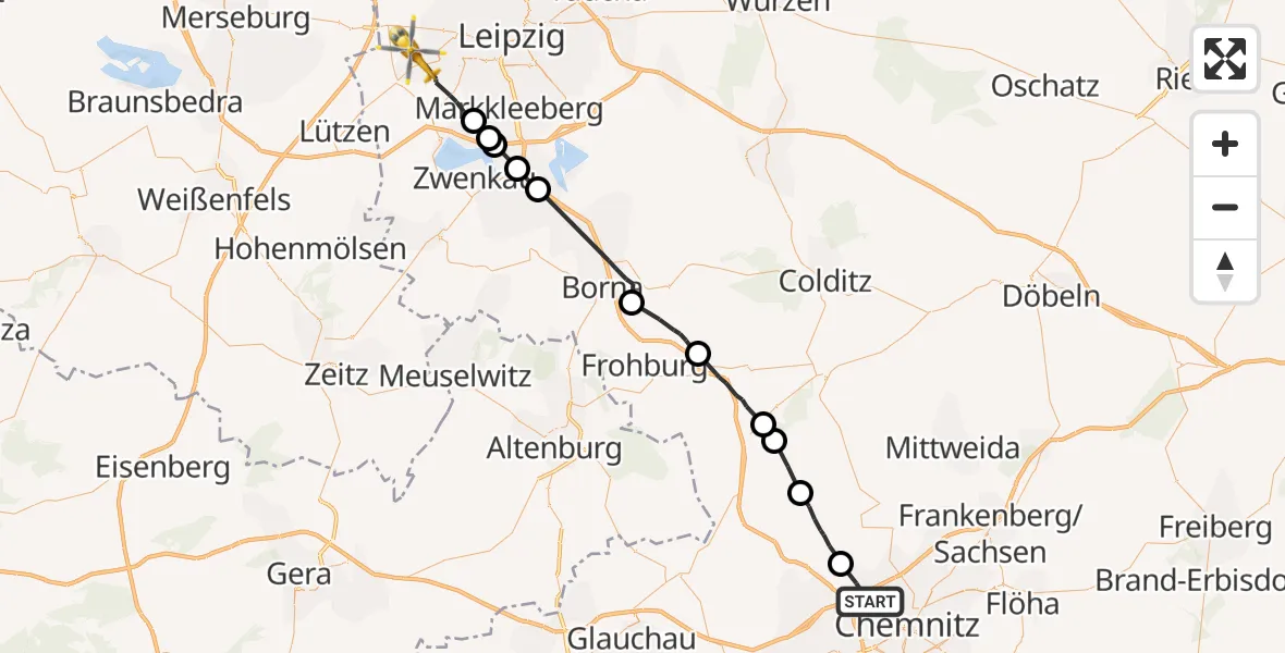 Flugroute Rettungshubschrauber Chemnitz - Leipzig, 28 September 2026, 13:35