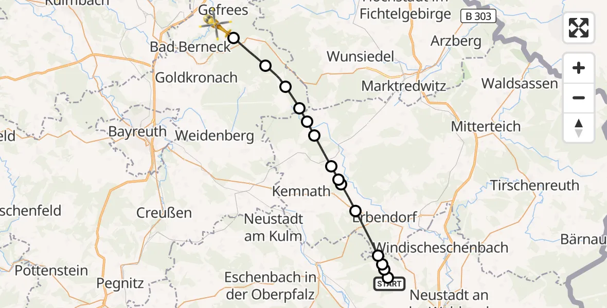 Flugroute Ambulanzhubschrauber Parkstein - Gefrees, 28 September 2026, 13:56