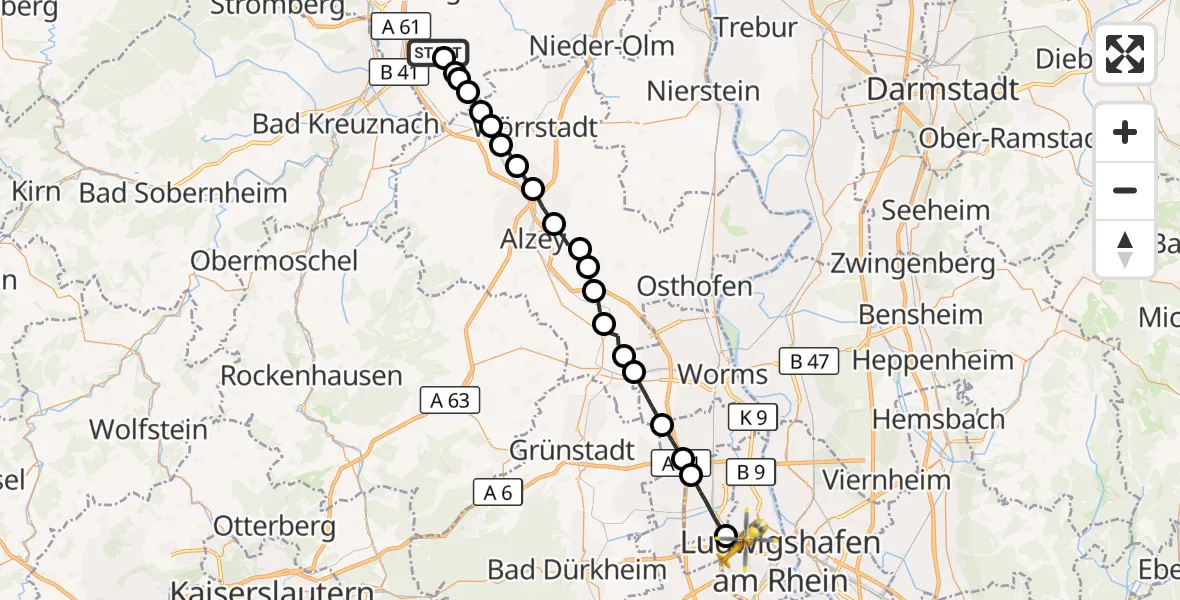 Flugroute Rettungshubschrauber Aspisheim - Ludwigshafen Accident Hospital, 28 September 2026, 13:58