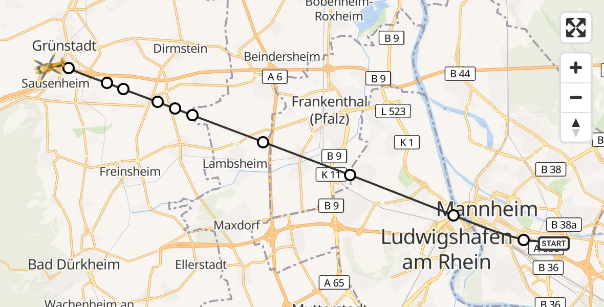 Flugroute Rettungshubschrauber Mannheim-City Flughafen - Grünstadt, 28 September 2026, 13:59