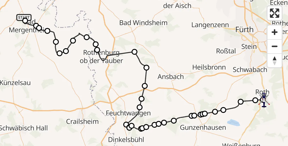 Flugroute Polizeihubschrauber Lauda-Königshofen - Flugplatz Roth, 28 September 2026, 14:07
