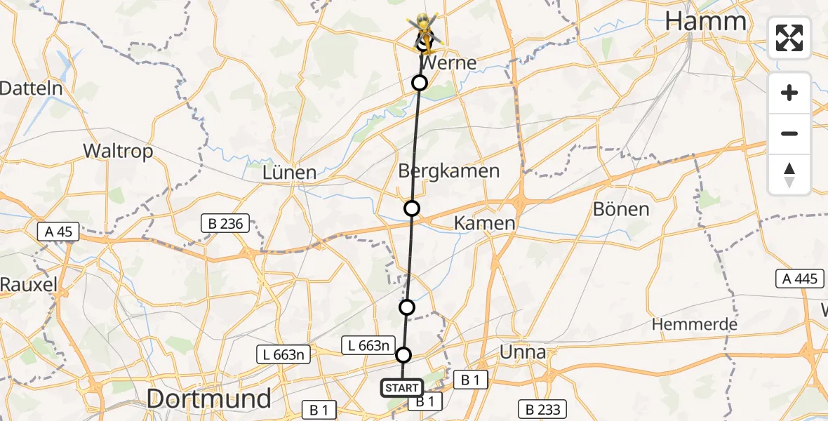 Flugroute Rettungshubschrauber Dortmund Flughafen - Sankt Christophorus Hospital, 28 September 2026, 14:12