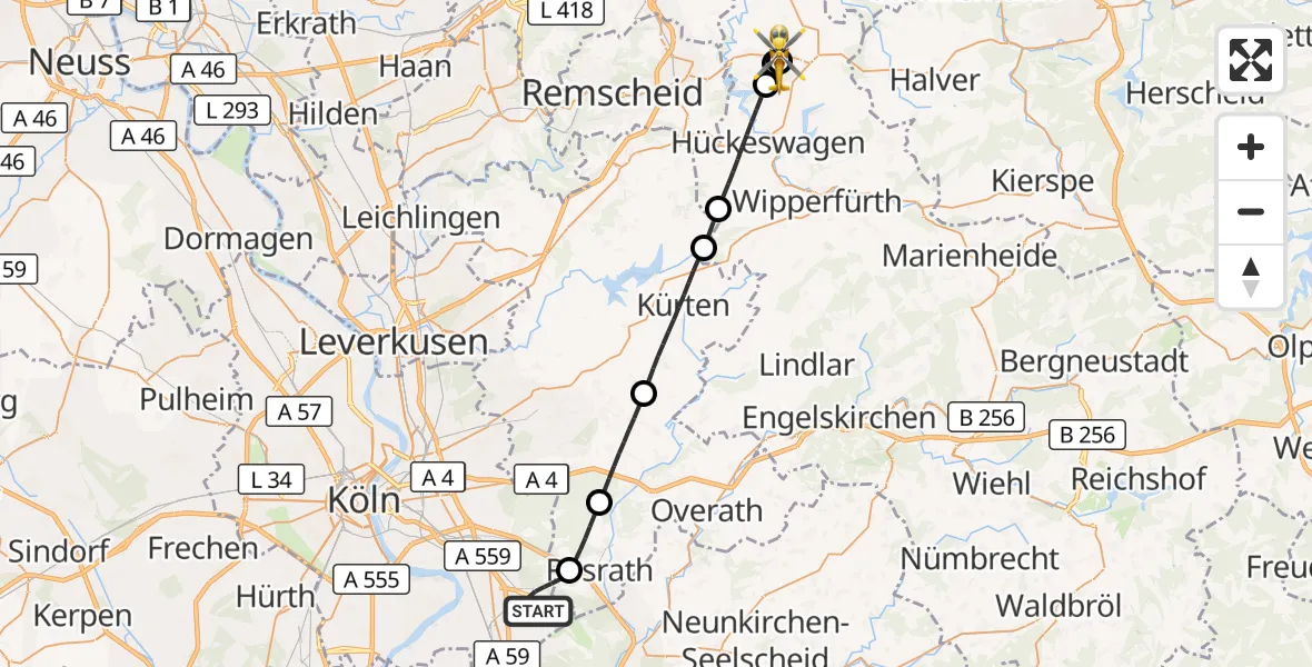 Flugroute Rettungshubschrauber Köln Bonn Flughafen - Sana Hospital Radevormwald, 28 September 2026, 14:12