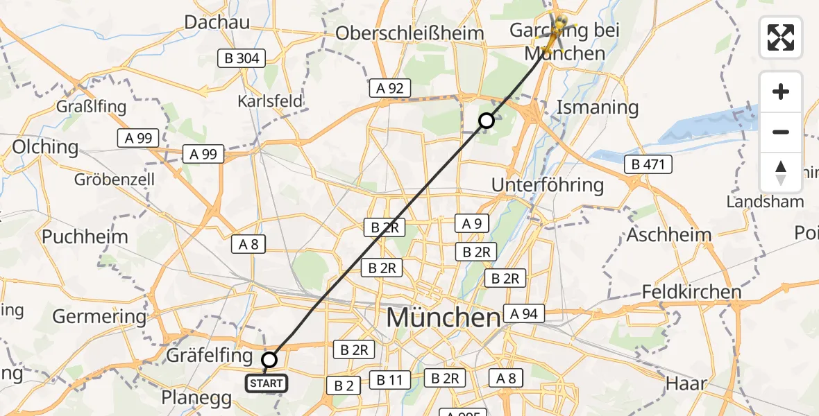 Flugroute Rettungshubschrauber DRF Air Rescue München Hubschrauberlandeplatz - Garching b.München, 28 September 2026, 14:21