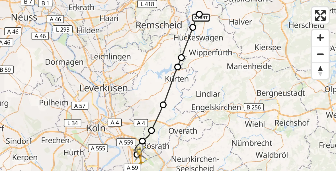 Flugroute Rettungshubschrauber Sana Hospital Radevormwald - Köln Bonn Flughafen, 28 September 2026, 14:51